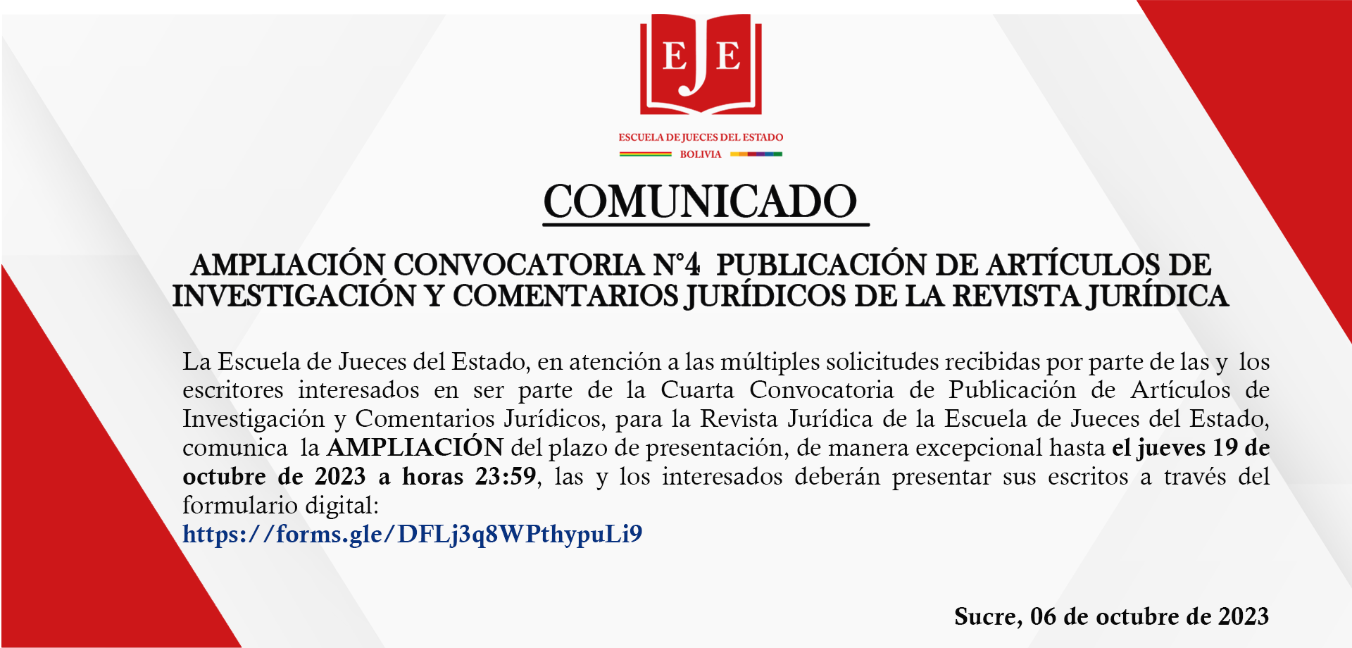 COMUNICADO  AMPLIACIÓN CONVOCATORIA N°4 PUBLICACIÓN DE ARTÍCULOS DE INVESTIGACIÓN Y COMENTARIOS JURÍDICOS DE LA REVISTA JURÍDICA